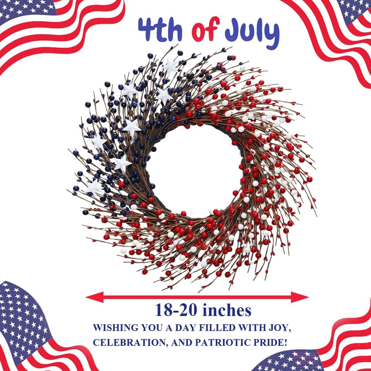 20" Patriotic Berry Wreath for Front Door - Red White and Blue Americana Decor - Artificial Pip Berry Wreath for Memorial Day, 4th of July, and Independence Day
